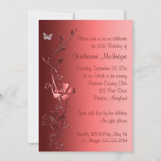 Red, Silver Flowers & Butterflies 65th Invitation Kaart (Achterkant)