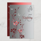 Red, Silver Flowers & Butterflies 65th Invitation Kaart (Voorkant / Achterkant)