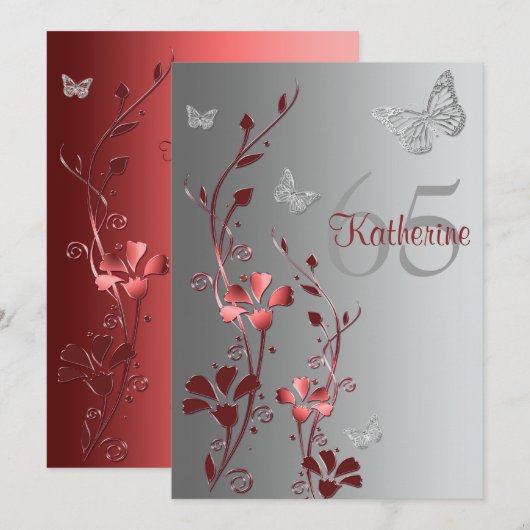 Red, Silver Flowers & Butterflies 65th Invitation Kaart (Voorkant / Achterkant)