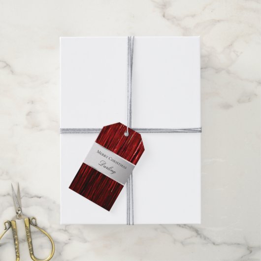 Red Silver Glam Tinsel Stripes Cadeaulabel (Met Touw)