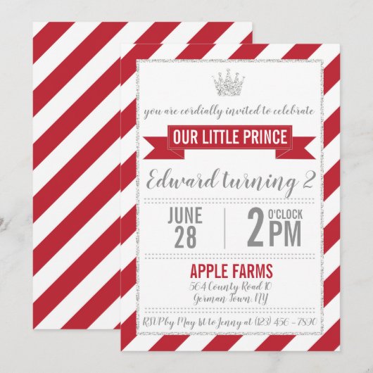 Red Silver Glitter Prince Birthday Uitnodiging (Voorkant / Achterkant)