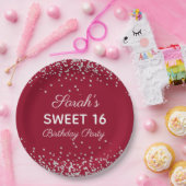 Red Silver Glitter Sweet 16 Birthday Party Papieren Bordje (Feest)
