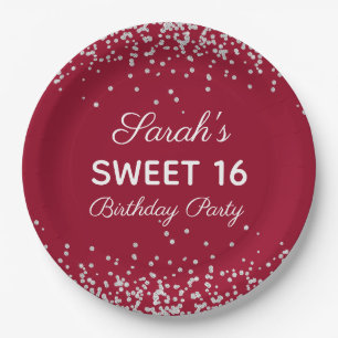 Red Silver Glitter Sweet 16 Birthday Party Papieren Bordje