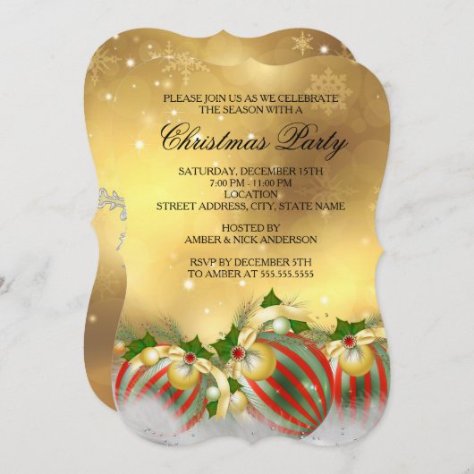 Red Silver Gold Holly Baubles kerst Kaart (Voorkant / Achterkant)