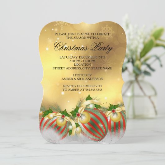 Red Silver Gold Holly Baubles kerst Kaart (Staand voorkant)