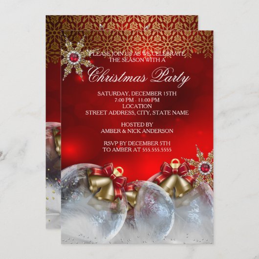 Red Silver Gold Holly Baubles kerst nieuw3 Kaart (Voorkant / Achterkant)