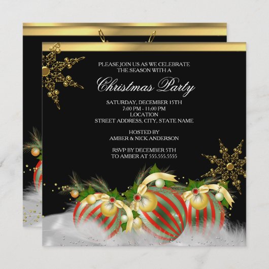 Red Silver Gold Holly Baubles kerstfeest 2 Kaart (Voorkant / Achterkant)