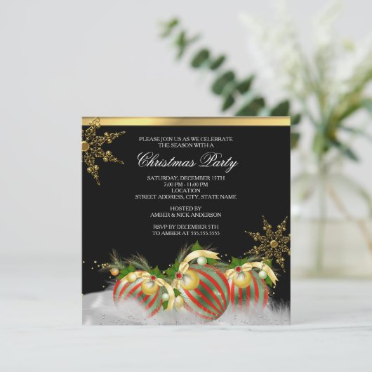 Red Silver Gold Holly Baubles kerstfeest 2 Kaart (Staand voorkant)