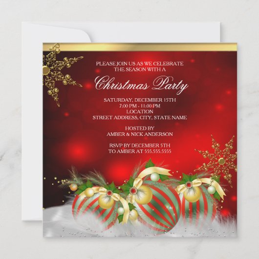 Red Silver Gold Holly Baubles kerstfeest 3 Kaart (Voorkant)