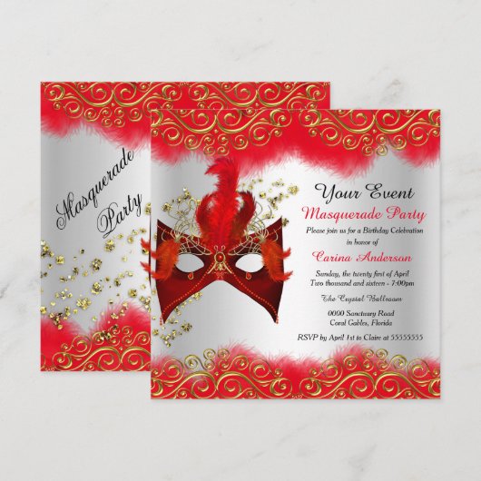 Red Silver Gold Masquerade Birthday Party Kaart (Voorkant / Achterkant)