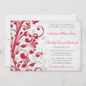 Red Silver Grey Floral Wedding Invitation Kaart (Voorkant)
