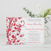 Red Silver Grey Floral Wedding Invitation Kaart (Staand voorkant)