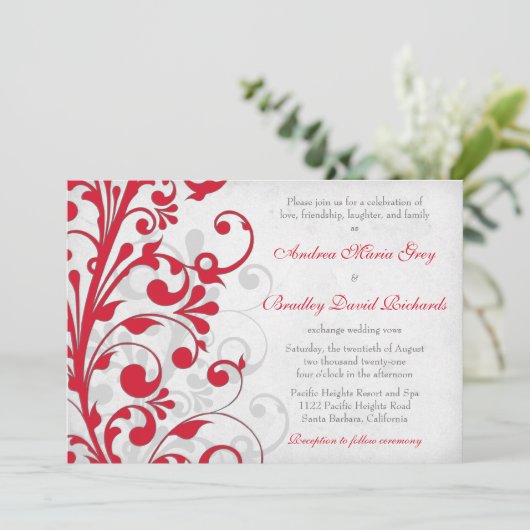 Red Silver Grey Floral Wedding Invitation Kaart (Staand voorkant)