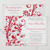 Red Silver Grey Floral Wedding Invitation Kaart (Voorkant / Achterkant)