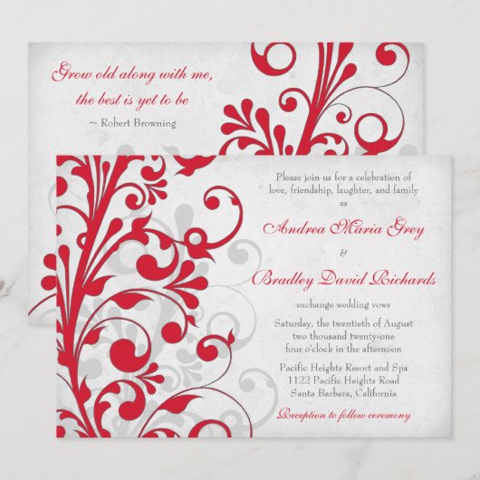 Red Silver Grey Floral Wedding Invitation Kaart (Voorkant / Achterkant)
