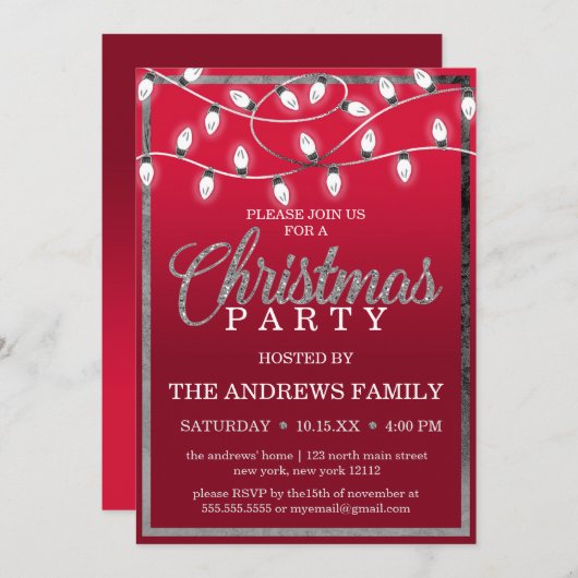 Red Silver Hanging Licht Glitter Kerstfeest Kaart (Voorkant / Achterkant)