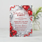 Red Silver Heart Balloons Valentine's Day Party Kaart (Staand voorkant)