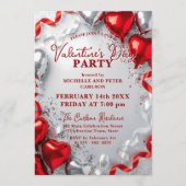 Red Silver Heart Balloons Valentine's Day Party Kaart (Voorkant)