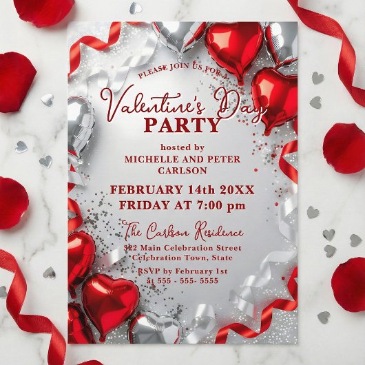 Red Silver Heart Balloons Valentine's Day Party Kaart