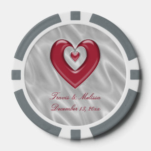 Red Silver Heart Jouw naam Wedding Favorieten Poker Chips