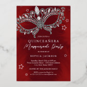 Red Silver Masquerade Mask Star Quinceanera Folie Uitnodiging (Voorkant)
