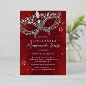 Red Silver Masquerade Mask Star Quinceanera Folie Uitnodiging (Staand Voorkant)