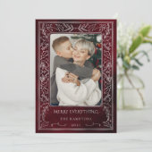 Red Silver Pine Holly Berry Photo Holiday Card Feestdagenkaart (Staand voorkant)