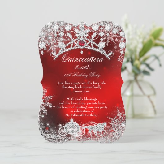 Red Silver Quinceanera 15th Winter Wonderland Kaart (Staand voorkant)