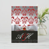 RED SILVER RIBBON & BLACK DAMASK MONOGRAM Ruby Kaart (Staand voorkant)