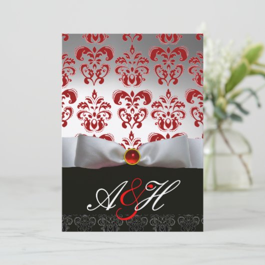 RED SILVER RIBBON & BLACK DAMASK MONOGRAM Ruby Kaart (Staand voorkant)