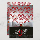 RED SILVER RIBBON & BLACK DAMASK MONOGRAM Ruby Kaart (Voorkant / Achterkant)