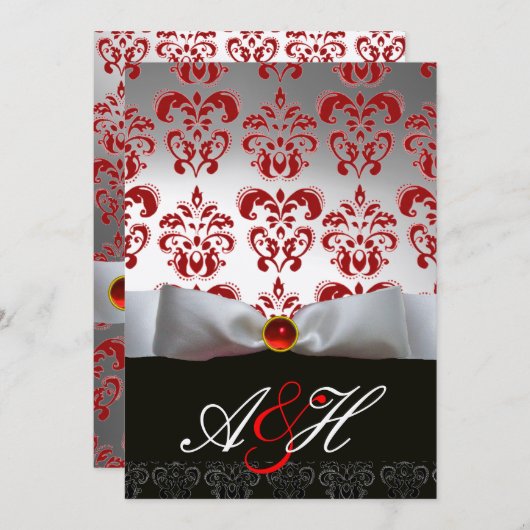 RED SILVER RIBBON & BLACK DAMASK MONOGRAM Ruby Kaart (Voorkant / Achterkant)