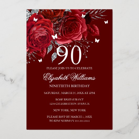 Red Silver Rose Sparkling Butterfly 90th Birthday  Folie Uitnodiging (Voorkant)