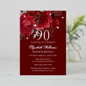 Red Silver Rose Sparkling Butterfly 90th Birthday  Folie Uitnodiging (Staand Voorkant)