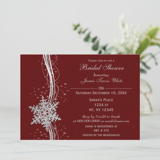 Red Silver Snowflake Winter Vrijgezellenfeest Invi Kaart (Staand voorkant)