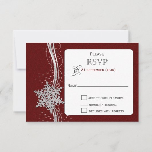 Red Silver Snowflakes Winter bruiloft RSVP Kaartje (Voorkant)