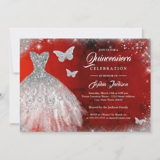 Red Silver Sparkle Dress Butterfly Quinceanera Kaart (Voorkant)