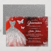 Red Silver Sparkle Dress Butterfly Quinceanera Kaart (Voorkant / Achterkant)
