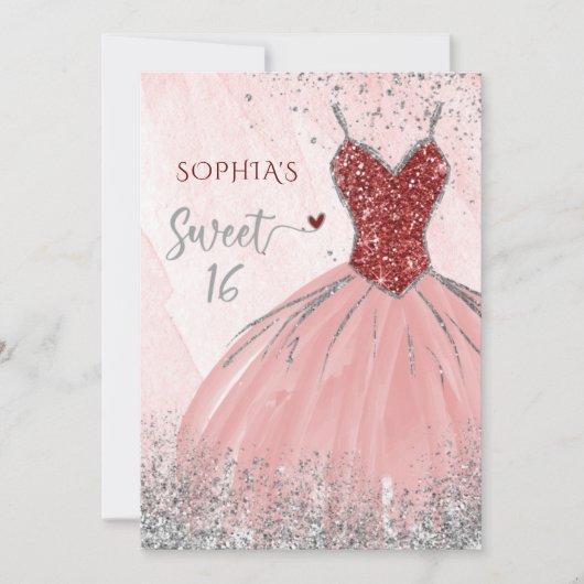Red Silver Sparkle Glitter Dress Sweet 16 jaar Kaart (Voorkant)