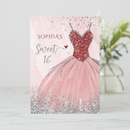 Red Silver Sparkle Glitter Dress Sweet 16 jaar Kaart (Staand voorkant)