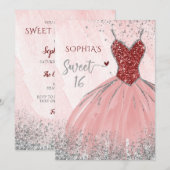 Red Silver Sparkle Glitter Dress Sweet 16 jaar Kaart (Voorkant / Achterkant)