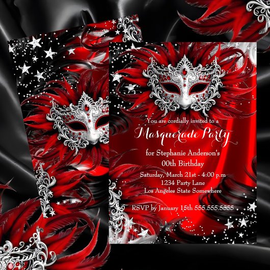 Red Silver Sparkle Magical Night Masquerade Party Kaart