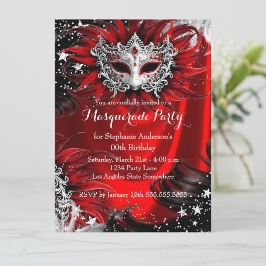 Red Silver Sparkle Magical Night Masquerade Party Kaart (Staand voorkant)