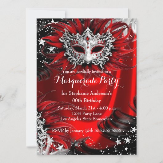 Red Silver Sparkle Magical Night Masquerade Party Kaart (Voorkant)