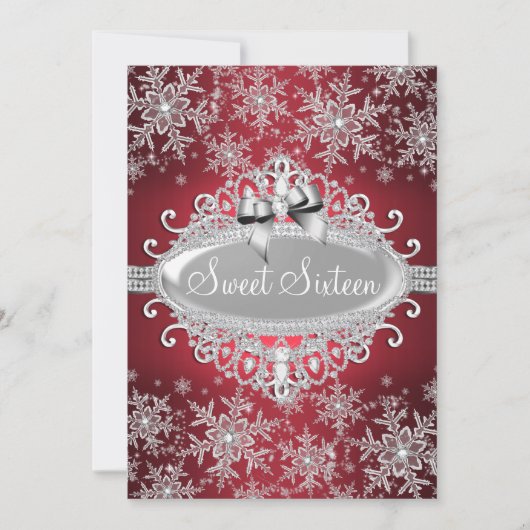 Red Silver Sparkle Snowflake Sweet 16 Invite Kaart (Voorkant)