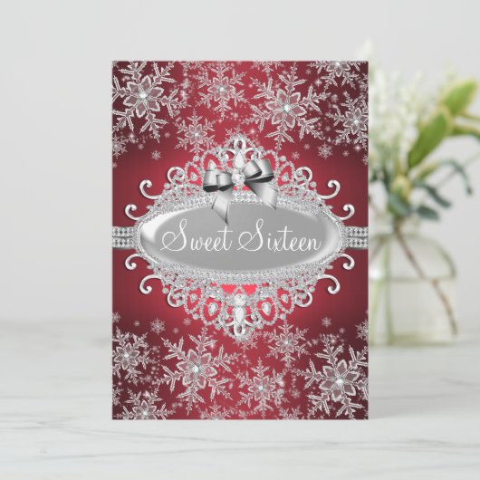 Red Silver Sparkle Snowflake Sweet 16 Invite Kaart (Staand voorkant)