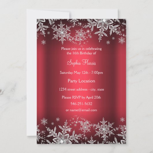 Red Silver Sparkle Snowflake Sweet 16 Invite Kaart (Achterkant)