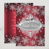 Red Silver Sparkle Snowflake Sweet 16 Invite Kaart (Voorkant / Achterkant)
