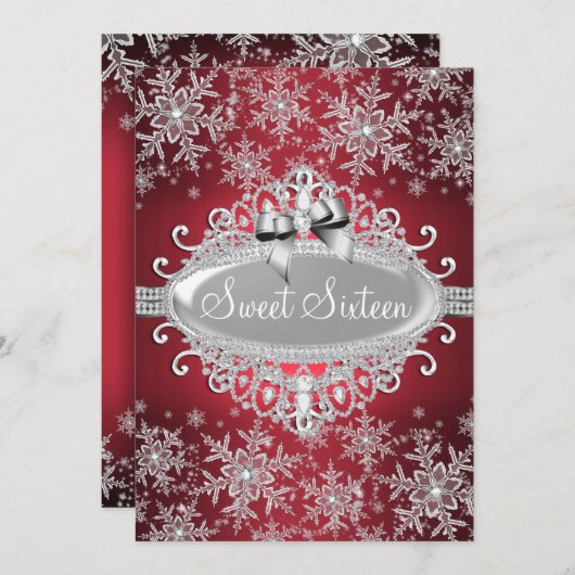 Red Silver Sparkle Snowflake Sweet 16 Invite Kaart (Voorkant / Achterkant)