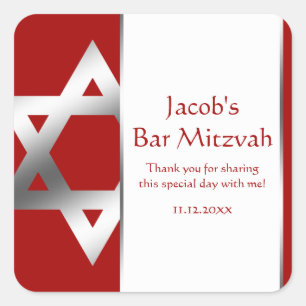 Red Silver Star van David Bar Mitzvah Favor Vierkante Sticker